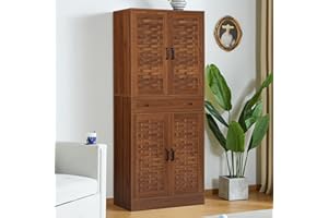 LEVNARY 72" Kitchen Pantry Storage Cabinet with 4 Woven Doors, Drawer and 4 Adjustable Shelves, Freestanding Cupboard Storage Cabinet for Living Room Kitchen (Walnut)
