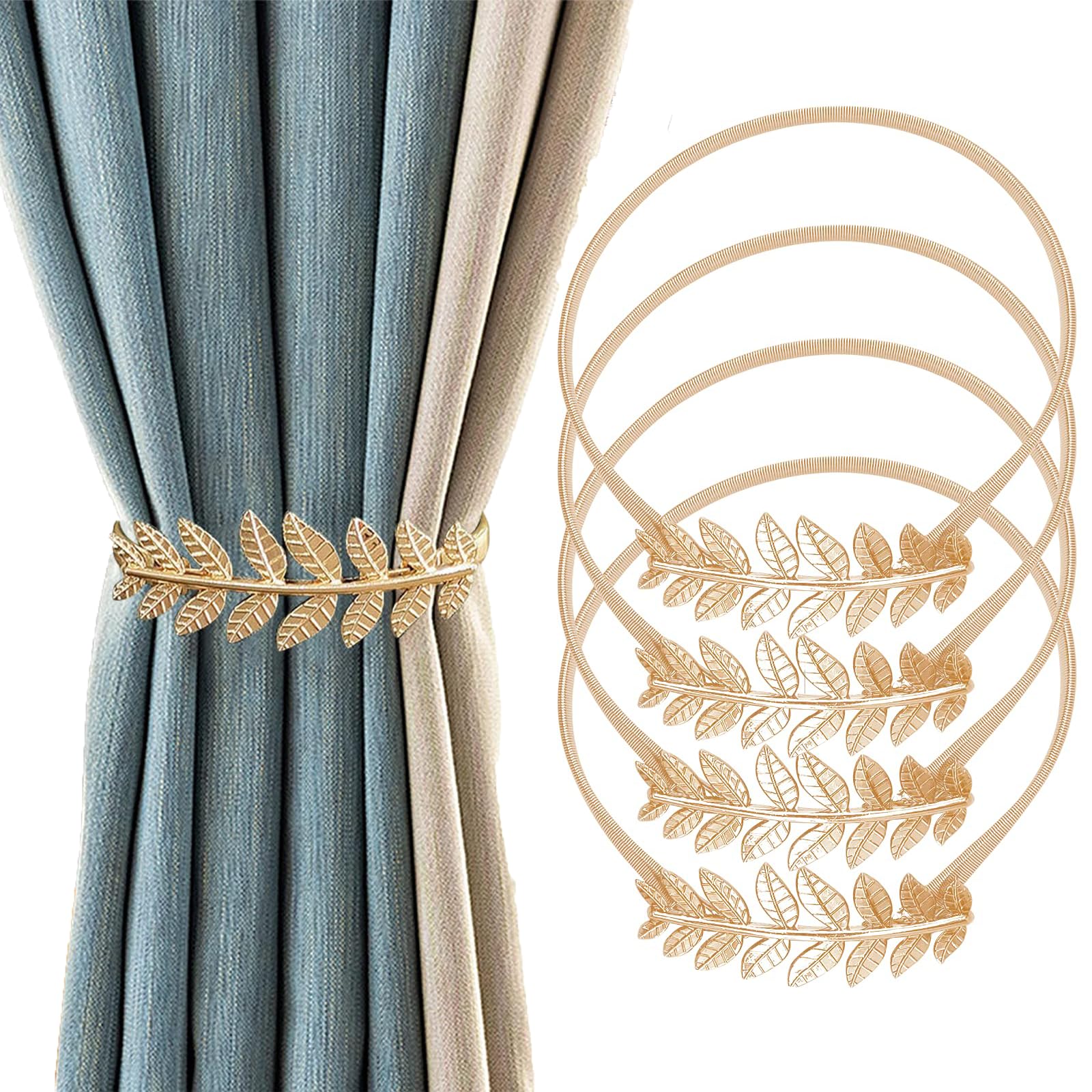 Photo 1 of 4 Pack Curtain Tiebacks, Aluminum Alloy Spring Curtain Ties Holdback, Gold Curtain Tiebacks, Leaf Carving Curtain Ties, for Drapes Curtain TieBacks Curtain Modern Style Curtain Holdback Decor (Gold)