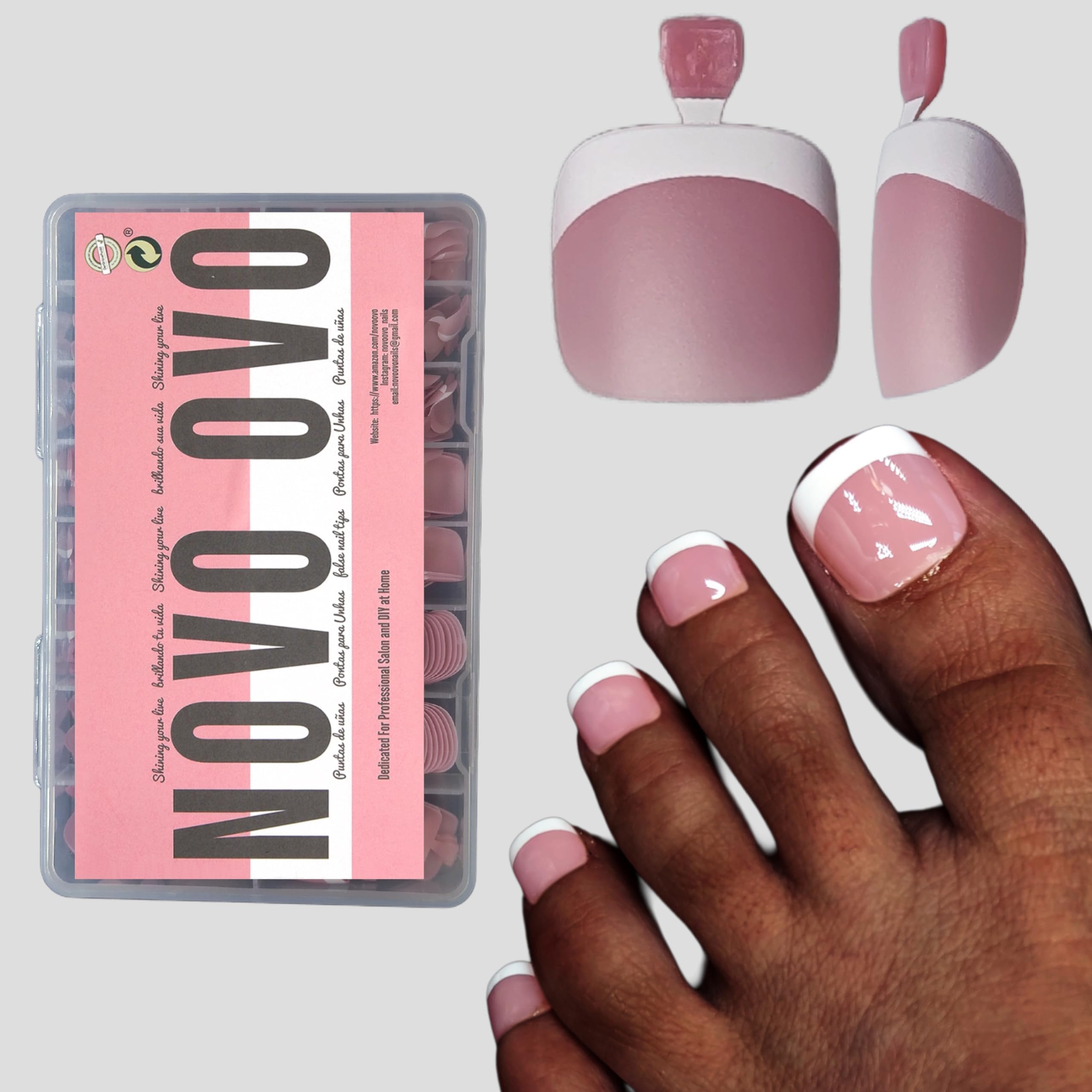 NOVO OVO Fake Toe Nail Tips Press on, French Tip Soft Gel Toenail Extension, BERRY PINK Square Round Pre-applied Tip Primer & Base Coat, Full Cover Matte False Nails for DIY x 15 Sizes 360Pcs — image 1