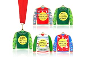 Remuuly 4 Pieces Christmas Ugly Sweater Medal Award Metal Ugly Sweater Contest Prizes with Ribbons for Christmas Tree Ornament Party Contest Winner Decorations