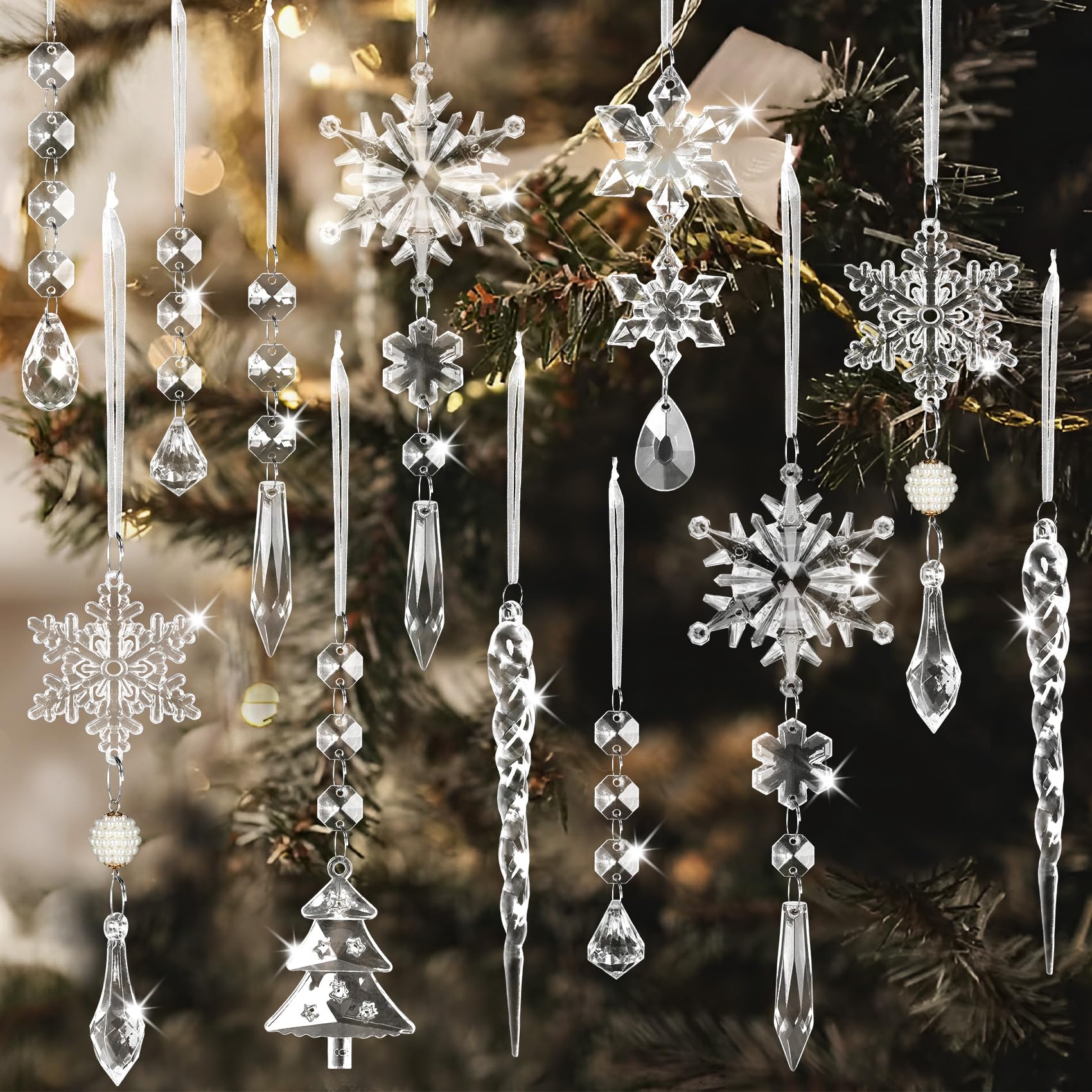 Photo 1 of 25Pcs Crystal Christmas Ornaments, Acrylic Hanging Snowflake Decorations Glass Icicle Ornaments for Christmas Tree Winter New Year Party Decor, Xmas Tree Decorations Supplies