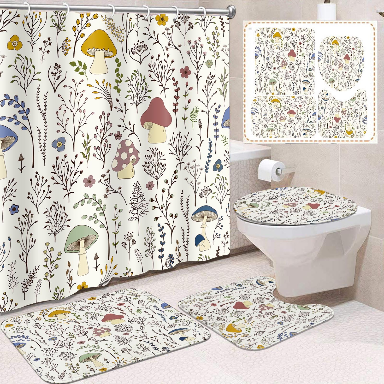 Photo 1 of ***(MISSING PIECES -SELLING AS IS)***
Boewywh 2 Pcs Bathroom Set with Vintage Mushroom Wildflower Plants Bathing Decor Retro Herb Witchy Boho Floral Wild Flower Hippie Bathing Bathroom Decor