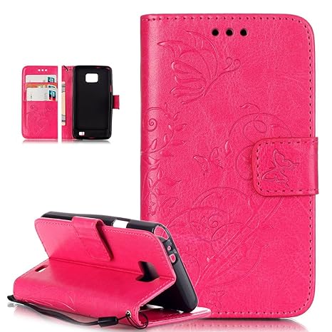 Kompatibel mit Galaxy S2 Hülle,Galaxy S2 Plus Hülle,Prägung Blumen Reben Schmetterling PU Lederhülle Handyhülle Handy Tasche 