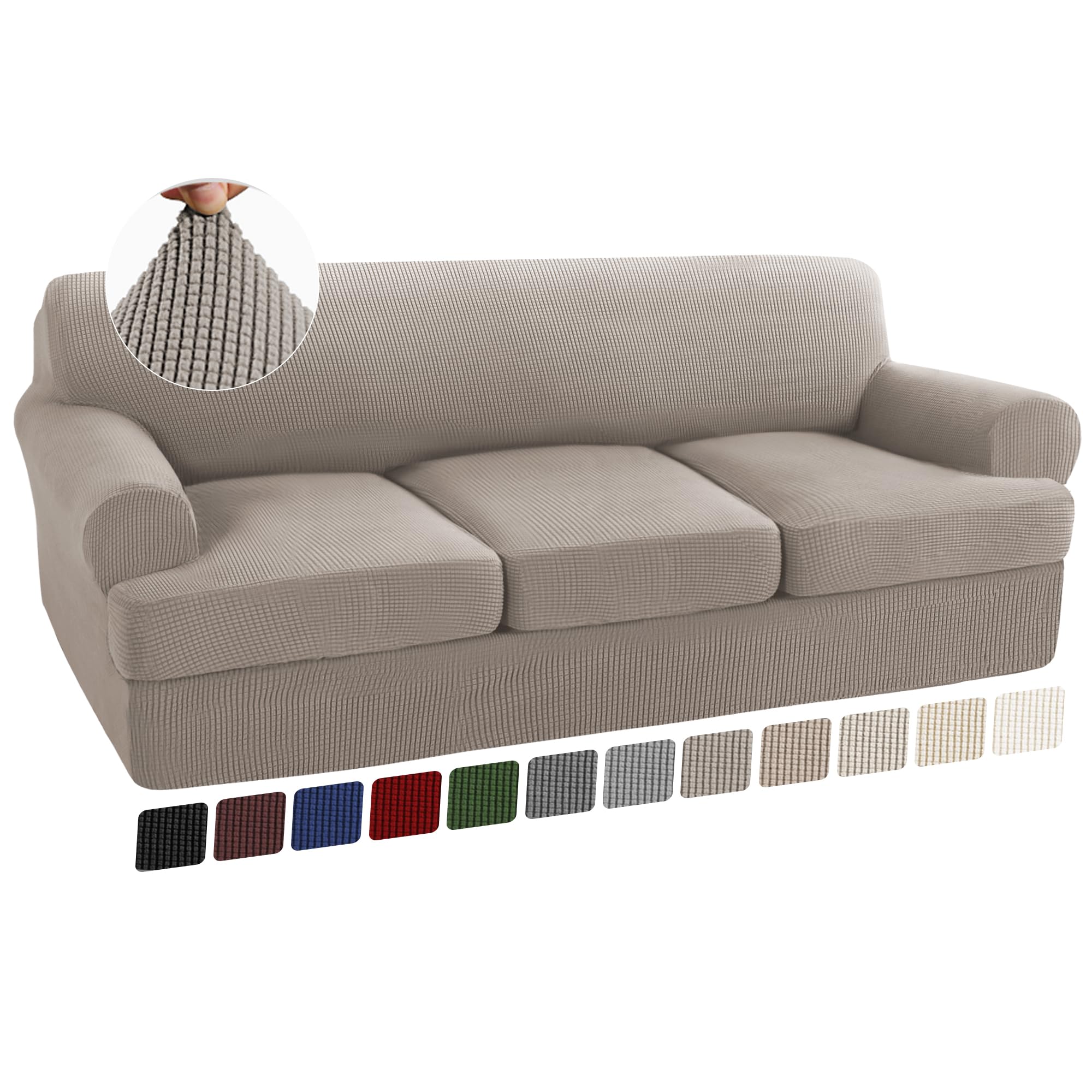 Photo 1 of Turquoize 4 Piece T Cushion Sofa Slipcovers Stretch Couch Cover Furniture Covers with 3 Individual T Cushion Covers, Machine Washable (3 Cushion Sofa, Taupe)