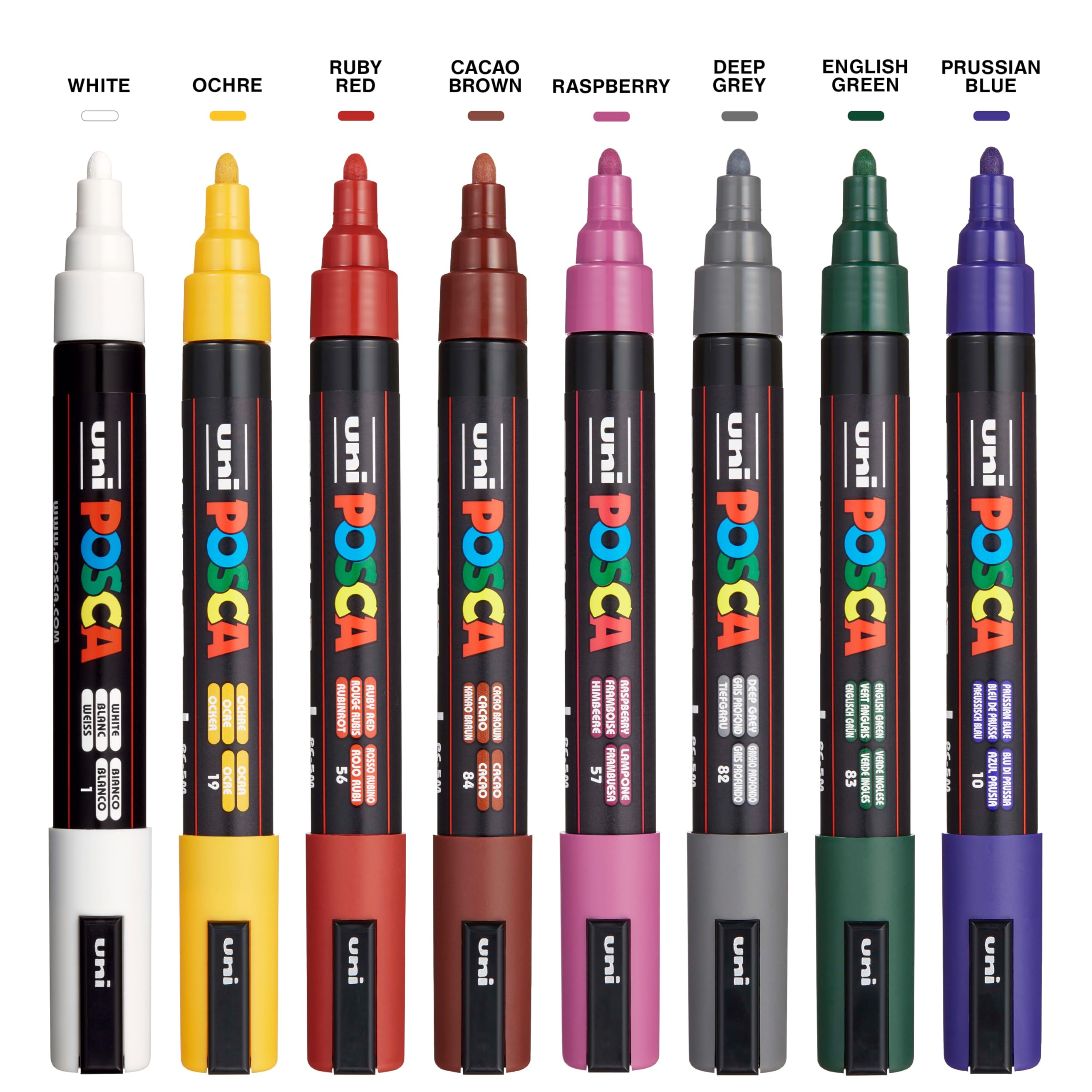 posca Markers Set, 8 Medium Paint Markers 5M – Dark Tones – White, Ochre, Ruby Red, Cacao Brown, Raspberry, Deep Grey, English Green, Prussian Blue