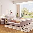 Velvet Upholstered Grounded Platform Bed, Wooden Queen Size Mother & Child Bed Frame with Bedside Desk and Little Round Stool, Kids Adults Bedroom Furniture Floor Bed Platform Bed (Pink)