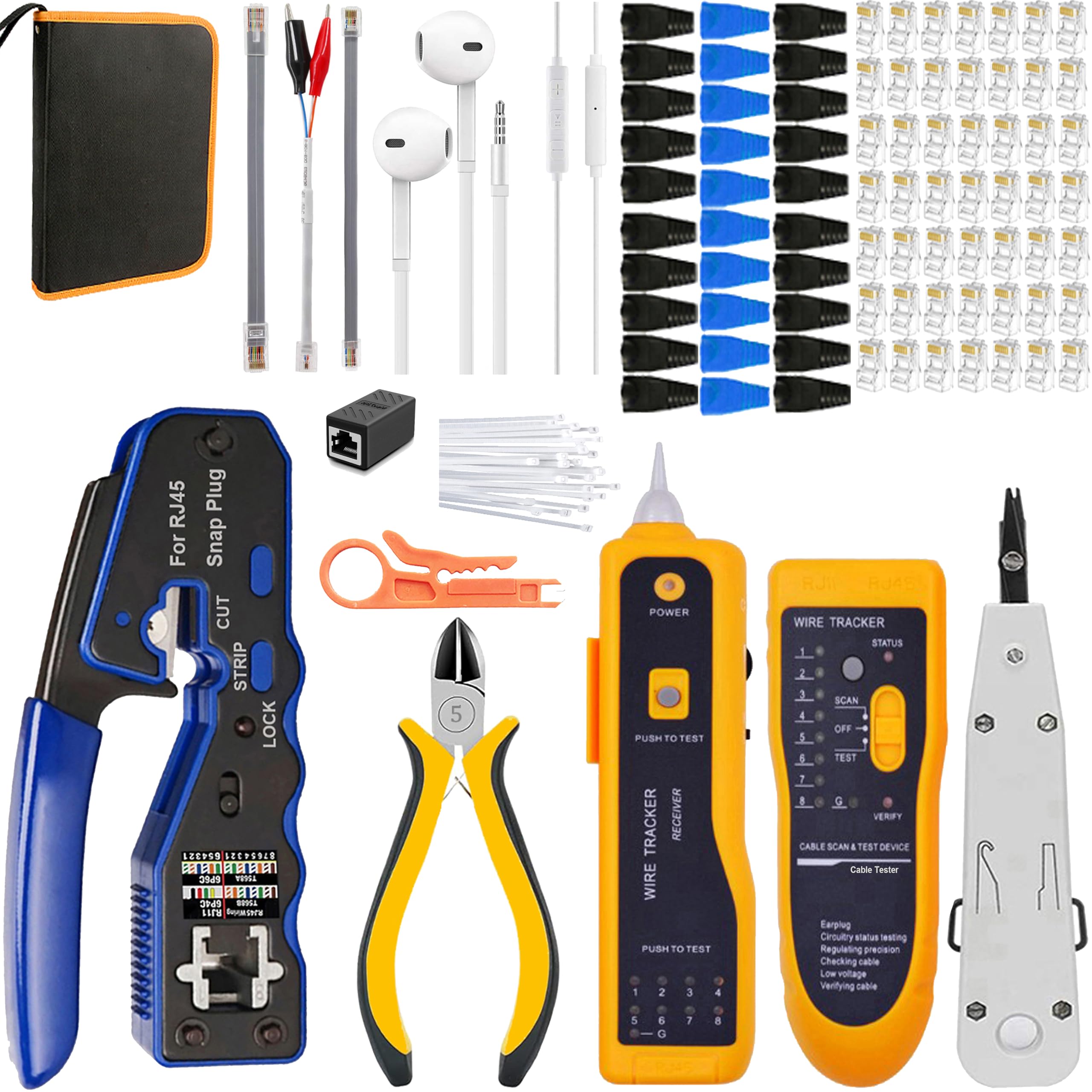MAYLINE Crimping Tool Set RJ45/CAT5/CAT6 Network Crimper Pass Through Kit, Professional Maintenance LAN Cable Ethernet Tester Stripper, CAT7 Wire Crimp Pliers Repair Stripping(Blue)