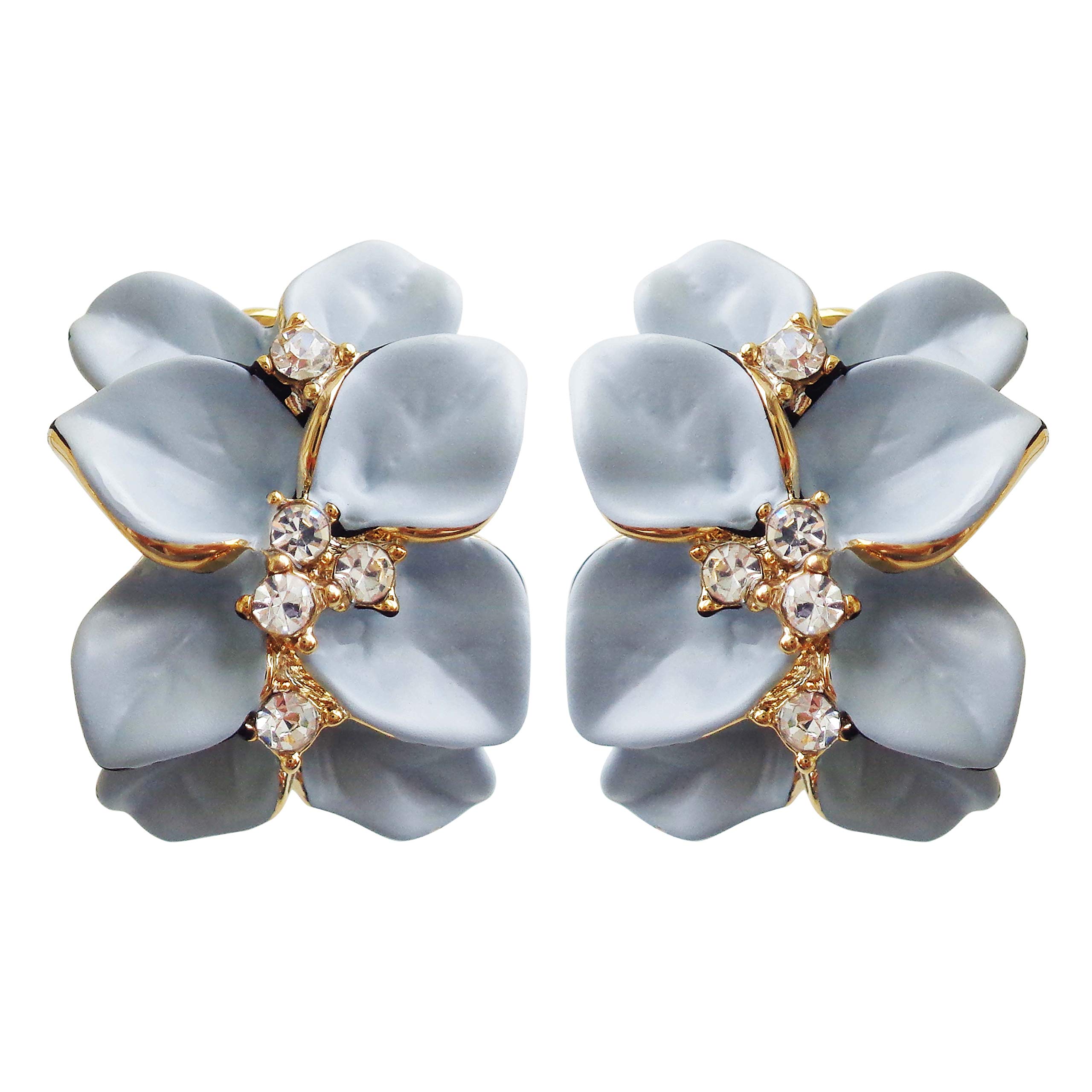 Navachi 18k Gold Plated Crystal Grey Enamel Leaves Flower Az1666e Omega Earrings