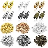 300pcs Stainless Steel Fold Over Cord Ends Fold Over Crimp Caps Ribbon End Clasp Tips Clamp Cord Ends Jewelry Connector for for Jewelry Making/Necklace Cord/DIY Crafts(6 Colors)