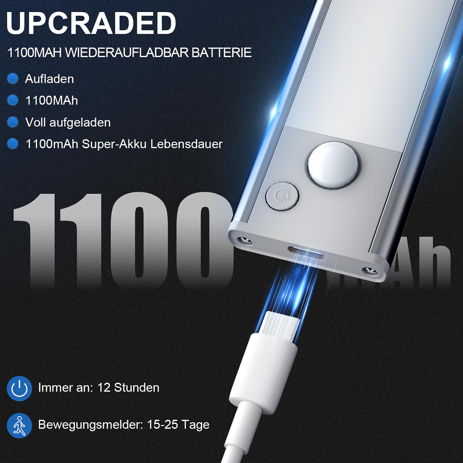 Schrankbeleuchtung Unterbauleuchte Küche LED Lampe - 20cm Bewegungsmelder Licht Akku Schrank Beleuchtung - Batterie Leuchte Schranklicht Lichtleiste Kabellos Leiste Küchen USB Light Aufladbar Dimmbar 4