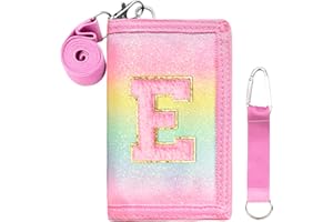 SiorVeol Kids Wallet Girls Trifold Initial Glitter Wallets with Zipper and Card Slots Including Neck Lanyard and Hanging Strap, Rainbow, E