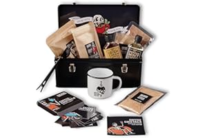 Man Crates, Coffee Bar Tin Gift Set, Includes Coffee Mug, Coffee Beans, Scoop, Coffee Syrups, Toppings and Recipe Cards, Great for Coffee Gifts