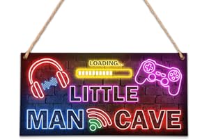 OXRUN Little Man Cave, Neon Gaming Wooden Door Sign for Little Gamer Boy Room Decor, Bedroom Nursery Playroom Hanging Decorations (6"x12") - B02