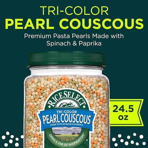 RICESELECT TRI-COLOR PEARL COUSCOUS, SPINACH AND PAPRIKA FLAVORED PREMIUM TOASTED ISRAELI-STYLE WHEAT COUSCOUS, NON-GMO, CERTIFIED KOSHER, 24.5OZ JAR (PACK OF 1)