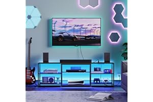 HOOBRO LED TV Stand for 75 Inch TVs with Charging Station, Gaming Entertainment Center with 3-Tier Open Storage, Long 63” Media TV Console Table, TV Stand for Living Room, Bedroom, Black BB21UDDS01