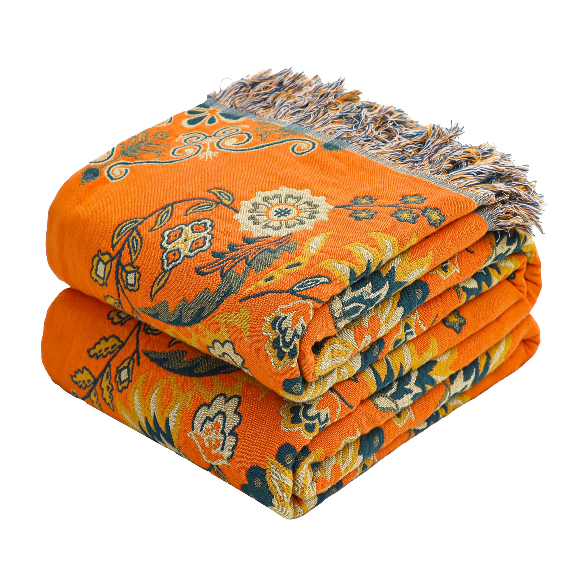 Photo 1 of VANJOROY Boho Throw Blanket, 100% Cotton Muslin Breathable Soft Bed Throw - Floral Farmhouse Decor Blanket for Sofa Couch Chair and Gift. 60" x 80"- Orange