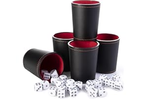 Bullseye Game Night - Includes 5 Black/Red Leather Dice Cups and 25 Bullseye Dice - Classic Dice for Games Like Farkle, Liar'