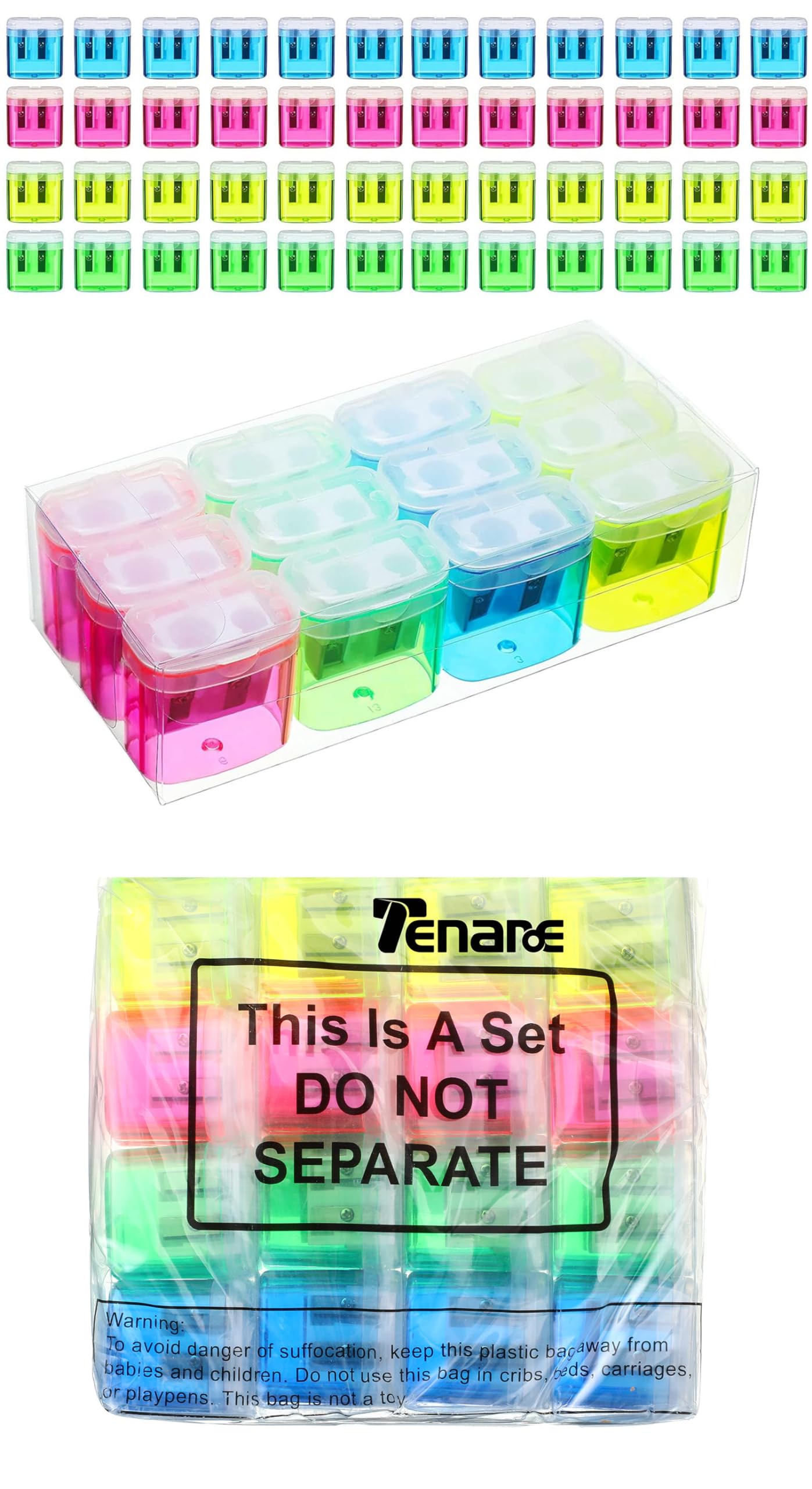 Tenare 48 Pieces Back to School Pencil Sharpeners Manual Double Hole Pencil Sharpener with Lid Hand for Home School Office, Handheld Plastic Crayon Grinder, Pink, Yellow, Green, Blue