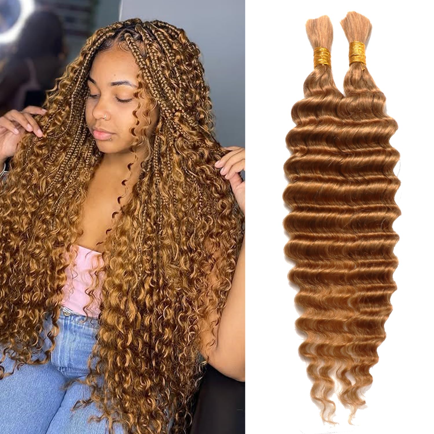 Honey Blonde Water Wave Bulk Human Hair for Micro Braiding Wet and Wavy Bundles Hair Extensions Deep Wave Human Braids for Boho Braids (27#, 20Inch 100g(50gx2Bundles))