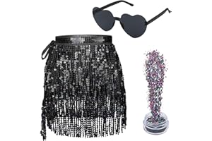 FAROCHY Sequin Skirt - Belly Dance Hip Scarf Sequin Tassel Skirt Fringe Skirt Rave with Heart Sunglasses and Face Glitter(One Size)