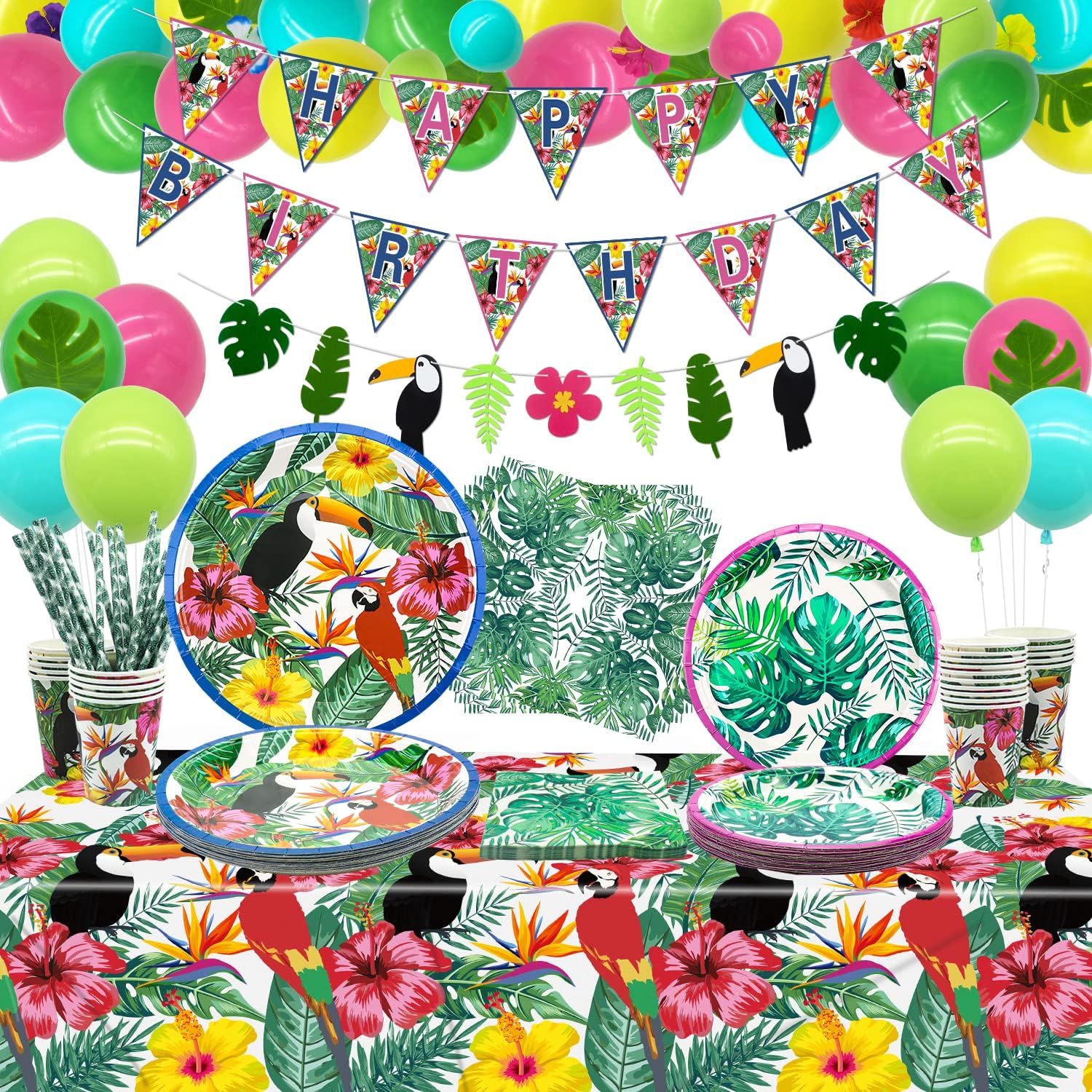 Hawaiian Luau Party Supplies - Tropical Birthday Banner, Latex Balloon, Palm Leaves, Hibiscus Flowers, Paper Plates, Napkins, Cups and Tablecloth for Aloha Summer Party Decorations, Serves 20 Guest