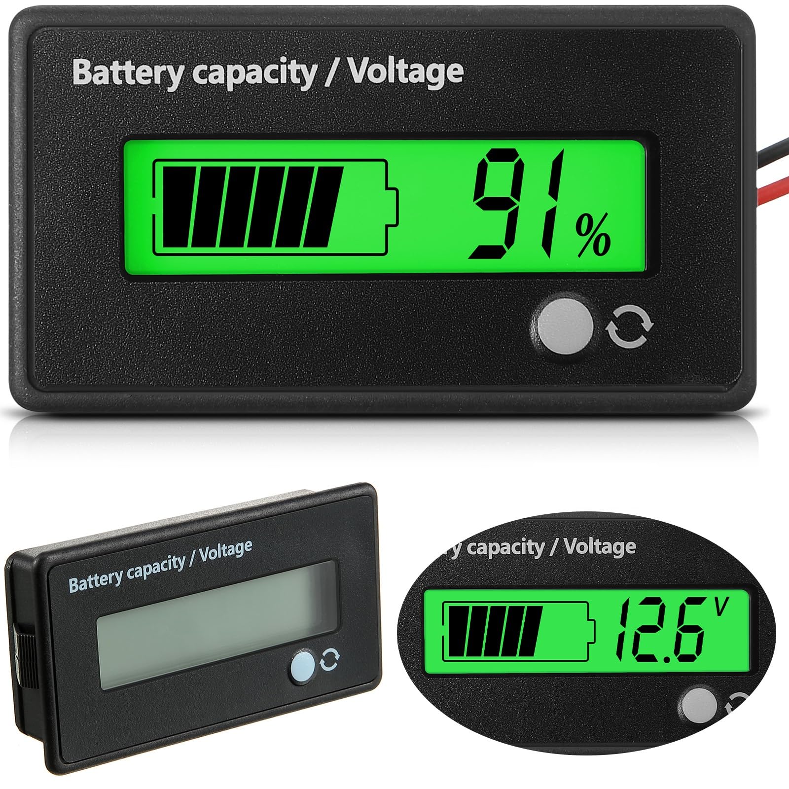 Frienda Dc 12v 24v 36v 48v 72v Battery Meter with Alarm Battery Capacity Indicator Monitor Voltage Meter and Lithium Ion Indicator(Green Light)