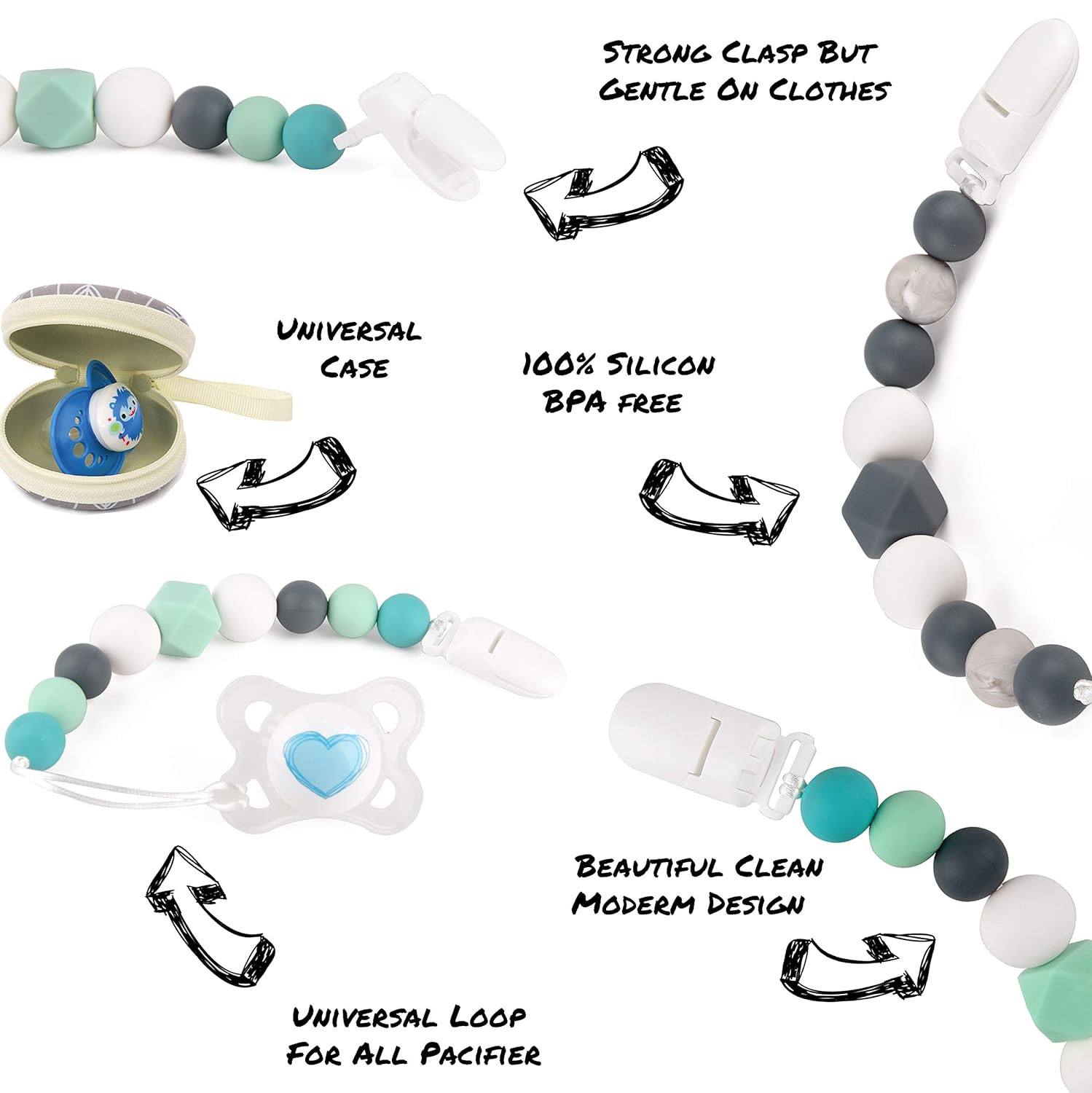 Silicone Pacifier Clip by Dodo Babies Pack of 2 + Pacifier Case, Premium Teething Bead Universal Holder Leash for Boys and Girls, Teething Toy or Soothie, Baby Shower Gift Set : Baby