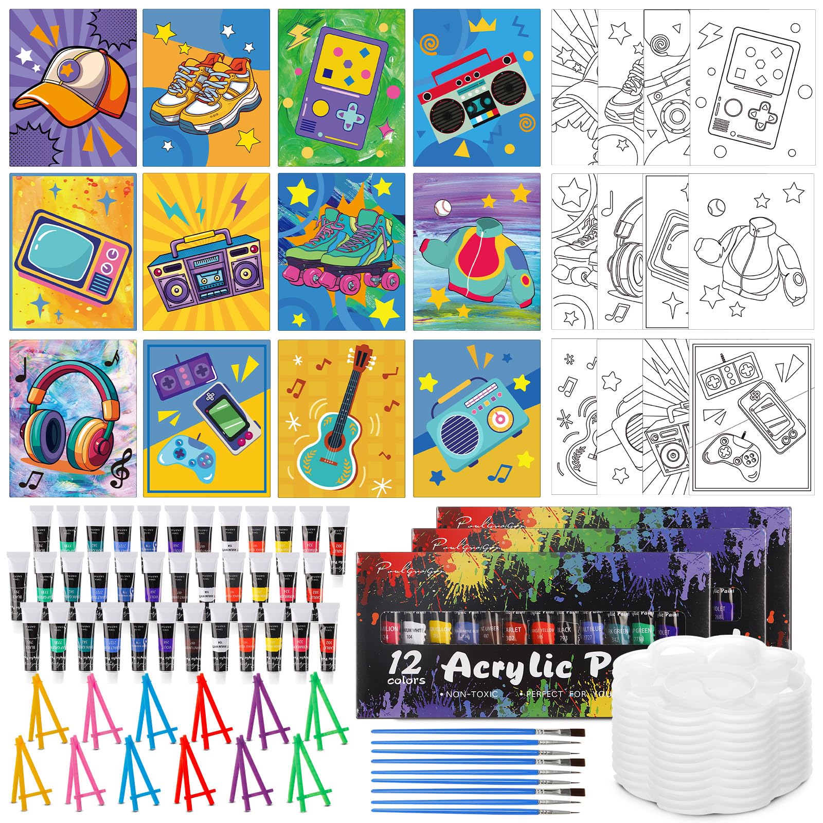 Photo 1 of Sherr 108 Pcs 12 Set Pre Drawn Canvas Painting Kit 8'' x 10'' Sip and Paint Kit Gift for Adults Pre Printed Canvas DIY Art Party Supplies for Birthday Adults Date Night Party Team Building(Retro Time)