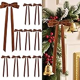 Senjie 10Pcs Large Velvet Christmas Tree Bows, 20in x 8in Premade Vintage Ribbon Tree Topper Bows Ornaments for Staircase Garland Wreath Holiday Home DIY Crafts Decorations, Light Brown