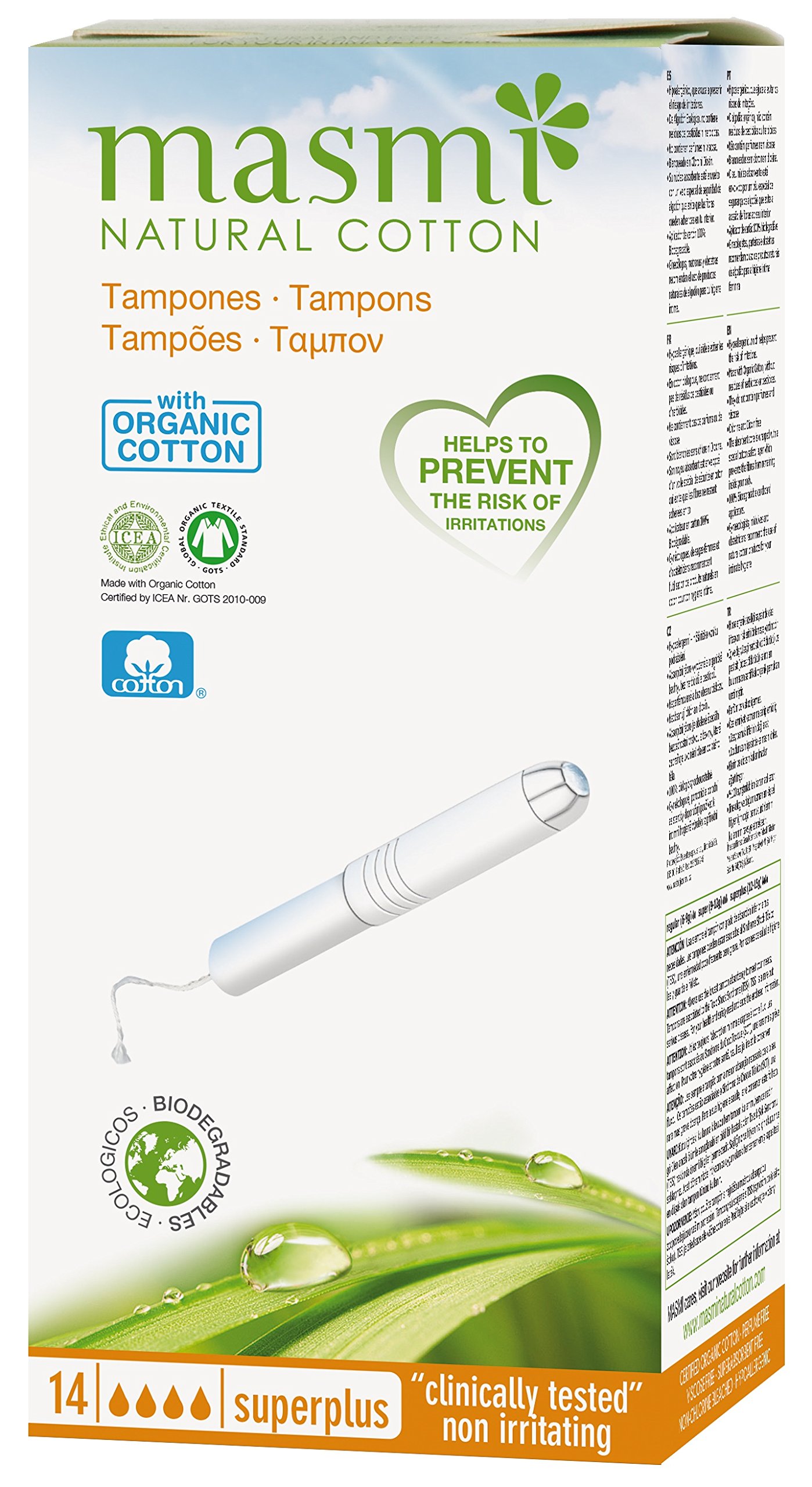 14 Masmi Super Plus Applicator Tampons Certified Organic Cotton, Hypoallergenic, Biodegradable, Perfume, Viscose, Rayon, Chlorine and Dioxin Free (Single Pack)