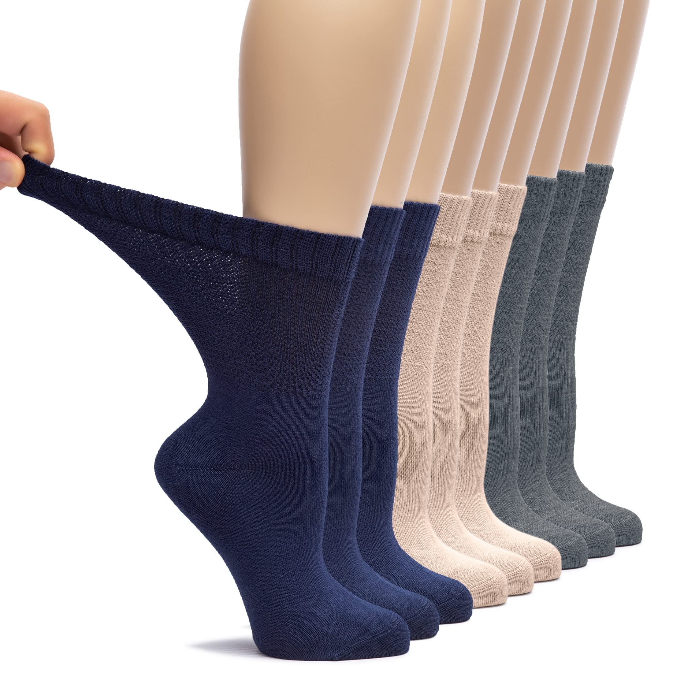 Hugh Ugoli Women's Rayon Loose Fit Diabetic Crew Socks, Seamless Toe & Non-Binding Top for Swollen Feet, Soft, Extra Wide and Stretchy, 9 Pairs, Navy Blue/Light Beige/Melange Grey, Shoe Size: 10-12 Image