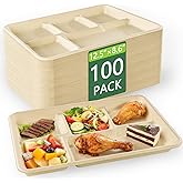 WELLIFE 5 Compartment Paper Plates Disposable 100 Pack 12.5 * 8.6 inch | 100% Compostable School Lunch Trays Divided Plates for Adult Youth Heavy Duty Eco-Friendly Bagasse Plate for Buffet and Party