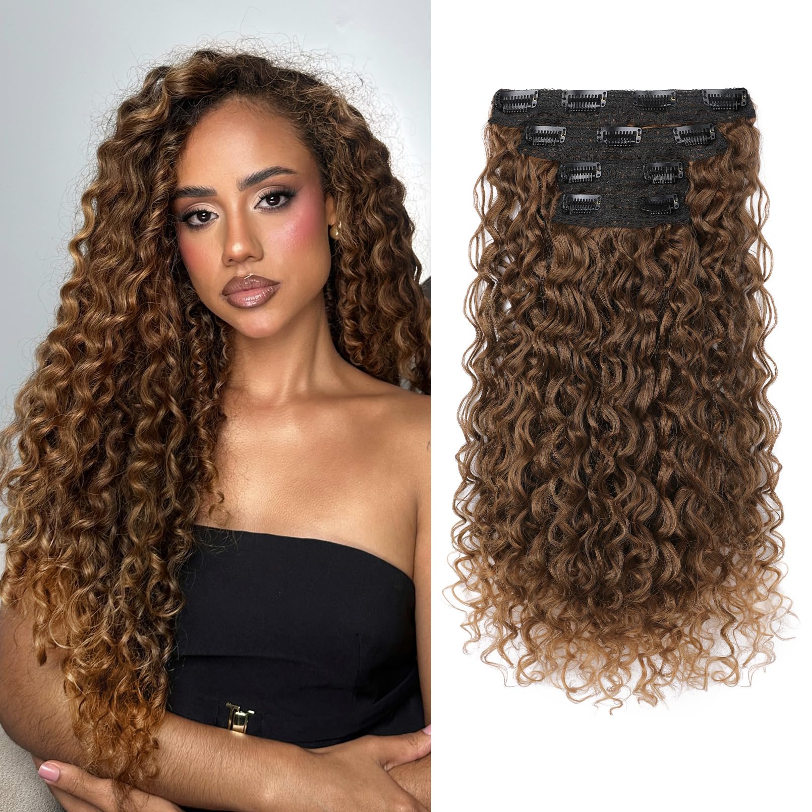 Photo 1 of Clip in Hair Extensions, FLUFYMOOZ 4PC 100? Pure Protein Silk Hair Extensions Long Soft Natural Hairpiece 20 Inch Curly Hair Extension for Women (Almond Brown with Cooper Red)