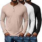 Ficerd 3 Pack Men's Henley Shirts Long Sleeve T-Shirt Basic Lightweight Button Tees Layer Casual Stretch Tops