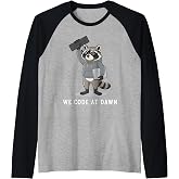 We Code At Dawn Funny Raccoon Programmer Software Engineer Raglan Baseball Tee