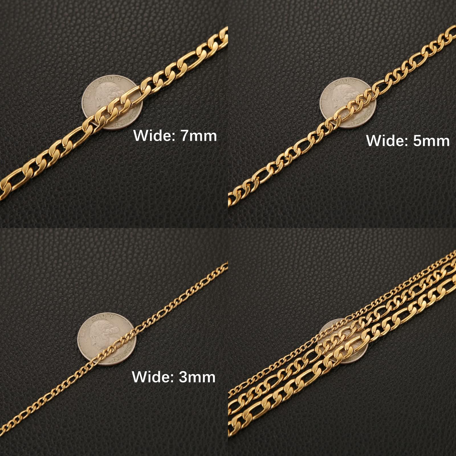 HZMAN Men Women 24k Real Gold Plated Figaro Chain Stainless Steel Necklace, Wide 3mm 5mm 7mm 9mm