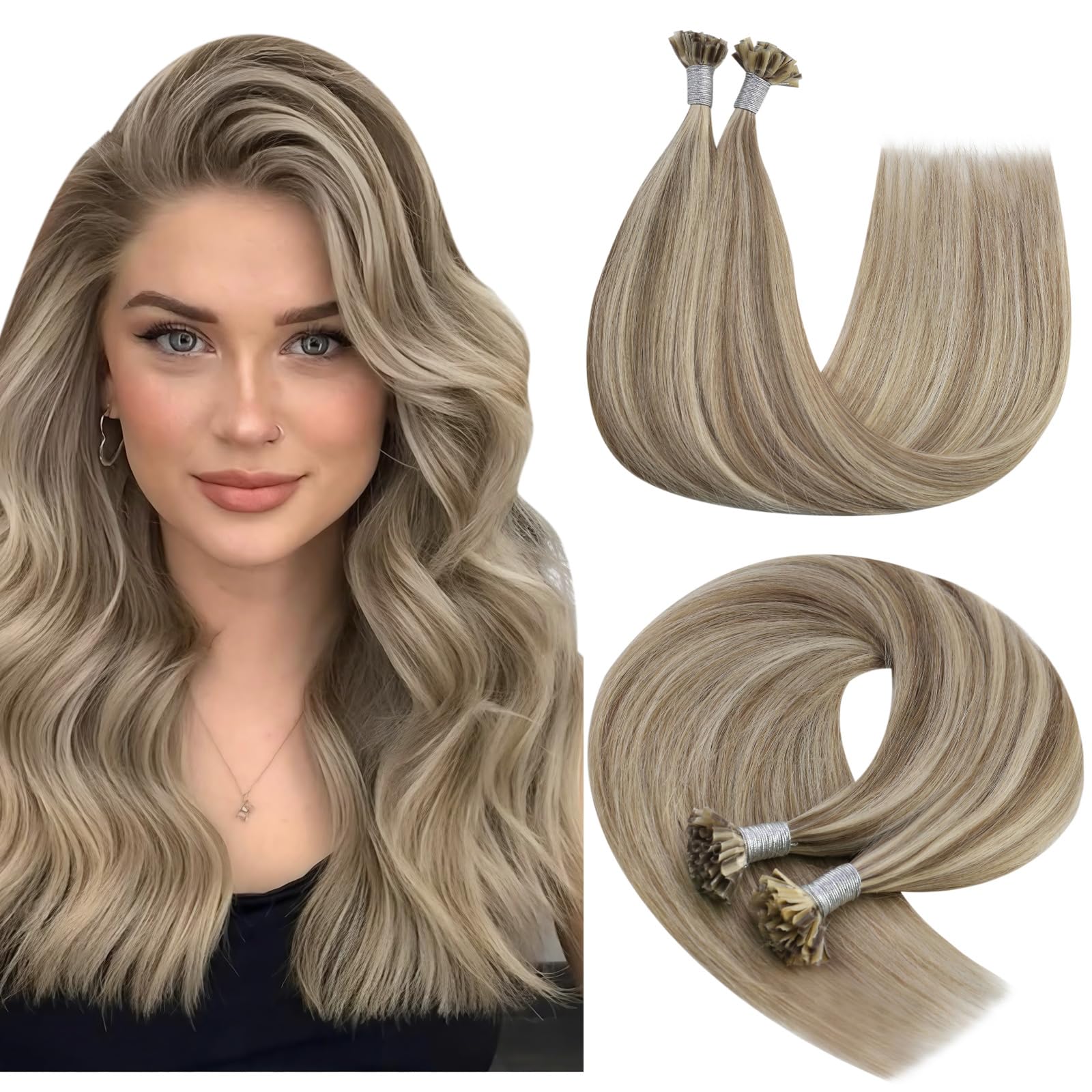 YoungSee U Tip Hair Extensions Real Human Hair Light Brown Highlight K Tip Hair Extensions Light Brown Highlight Blonde 18In Utip Human Hair for School 50s/50g — image 1