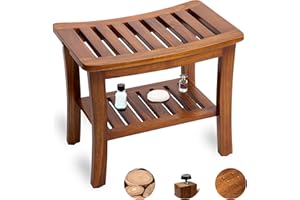 THE TEAKY HUT Teak Shower Bench - Fully Assembled 21 Inch Shower Stool with Shelf | Water Resistant Shower Benches for Inside Shower to Sit On | Shower Seat, Bathroom Bench, Spa, Garden | Adjustable Non-Slip Feet