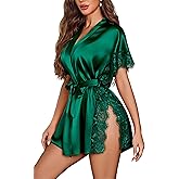Avidlove Women Lingerie Robe Satin Sleepwear Eyelash Lace Kimono Side Split Sexy Silk Robes