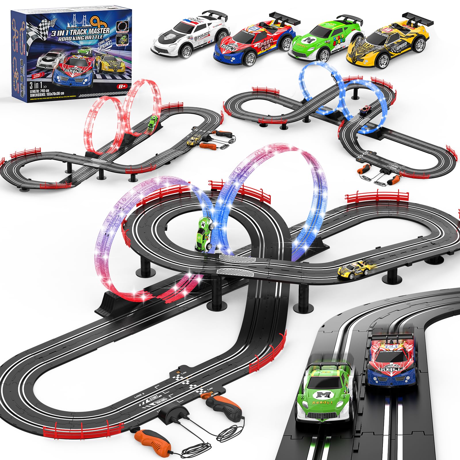 3 IN 1 Slot Car Race Track Sets with 4 High Speed