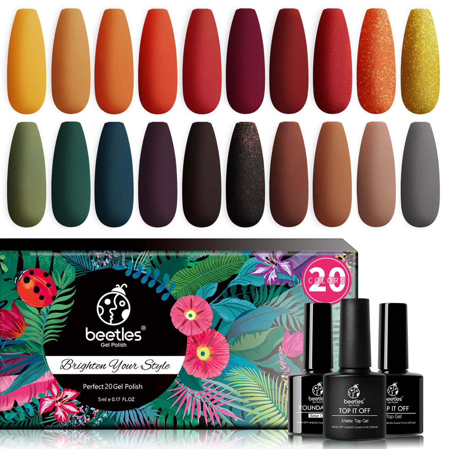 Beetles 23 Pcs Gel Nail Polish Kit-Cozy Campfire Fall Winter Orange Yellow Green Gel Nail Polish Set Colors Collection Soak off LED Nail Lamp Base Top Coat Glitter Gel Polish Nail Kit Christmas Gifts : Beauty