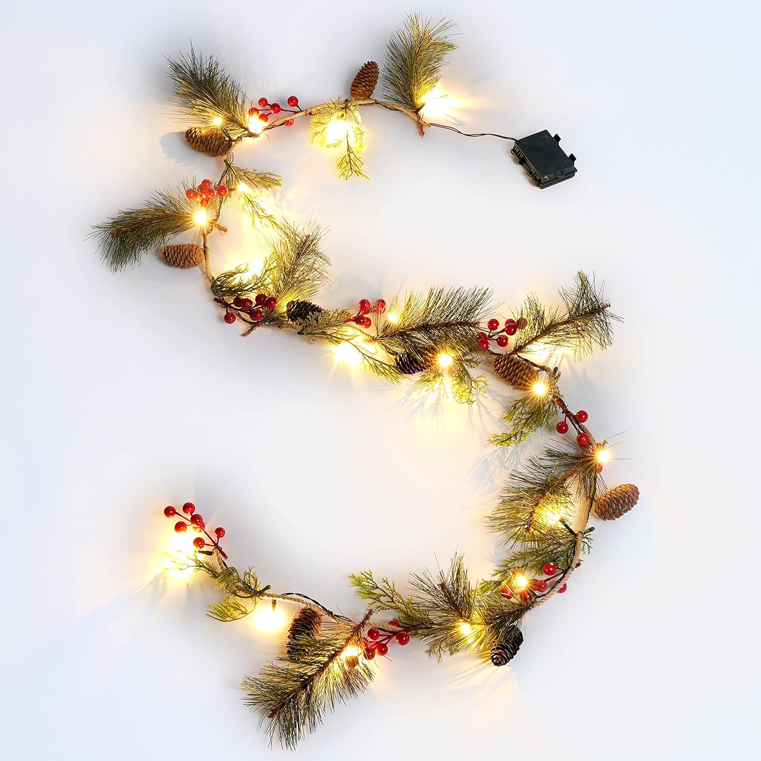 Wreaths, Garlands & Swags - Aesto 6FT Christmas Garland with Timer, Lighted Xmas Garland Battery Operated for Outdoor/Indoor, 20 LED Red Berries