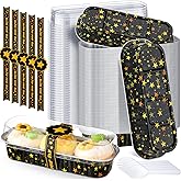 Tioncy 100 Pcs Mini Loaf Pans with Lids Spoons Sealing Stickers, Mini Cake Pans, Aluminum Foil Baking Bread Containers, Bakery Party Supplies 6.8oz for Wedding Birthday Party (Star)