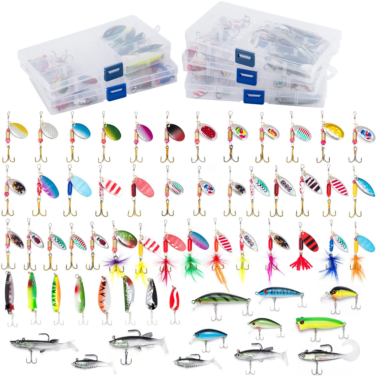 Dr.Fish 60pc Fishing Lures Kit 5 Tackle Boxes Spinners Spoons Soft Lures Crankbait Popper Hard Lure Inline Rooster Tail Bass Trout Salmon Walleye Freshwater Saltwater Gear Accessories