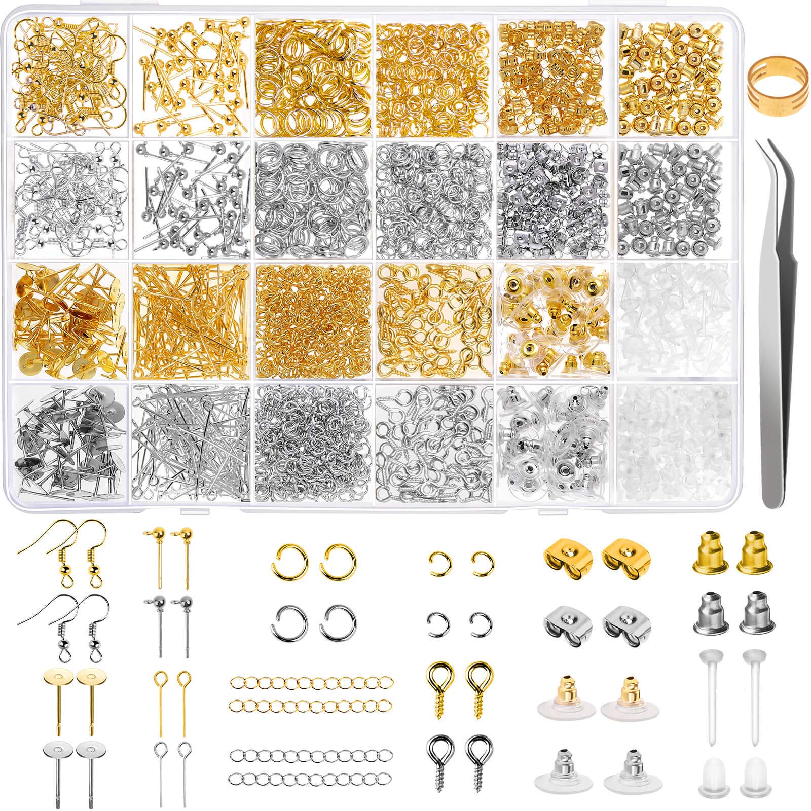 Earring Making Supplies Kit, Caffox 2900pcs Earring Hardware Pieces Repair Parts with Earring Hooks Posts Backs and Jump Rings for Making Earrings Studs and Jewelry Making (Silver & Gold)