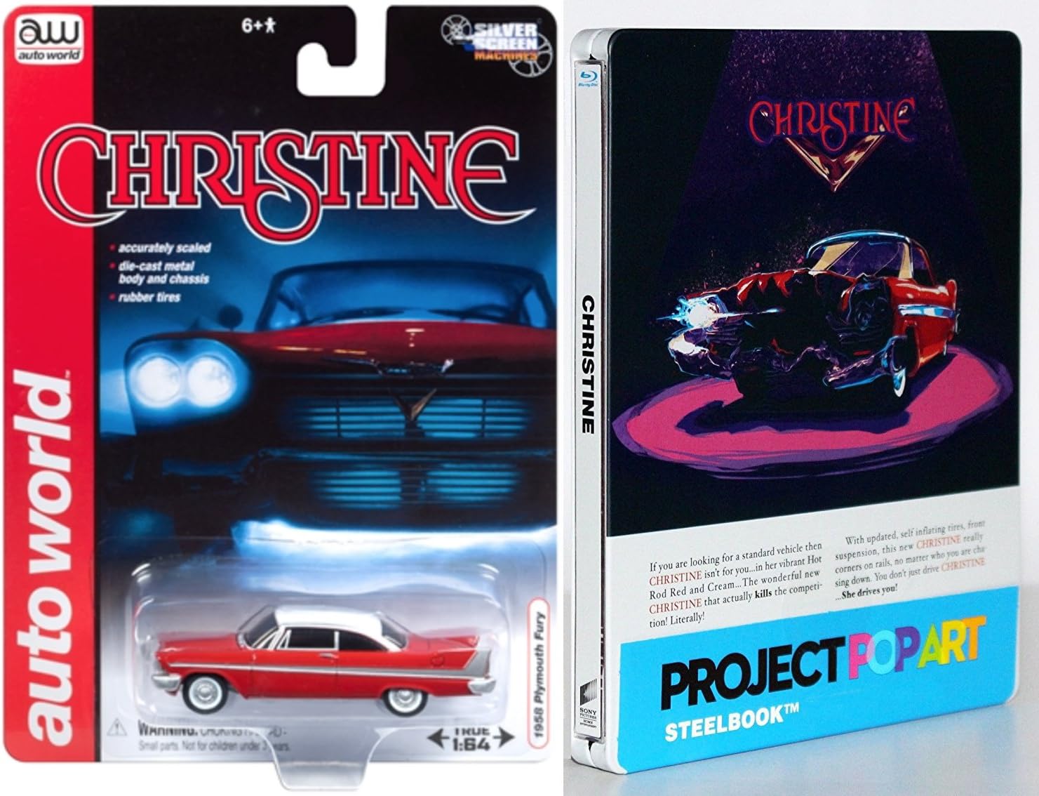 Stephen King Christine 1983 John Carpenter Steelbook Blu Ray + Christine 1958 Plymouth Fury Replica model car Horror Exclusive Movie Popart edition set