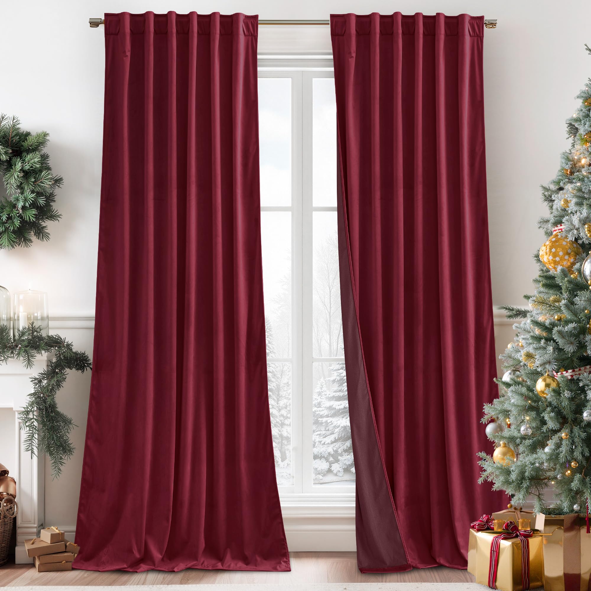 RYB HOME Burgundy Red Velvet Curtains for Christmas Decor, Soft Luxury Backdrops for Studio Theater, Back Tab Design for Bedroom Living Room, 52" W x L94 L, 2 Panels Set Image