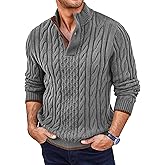 Yousify Mens Stand Collar Pullover Sweater Casual Cable Knitted Quarter Button Sweaters Winter Chunky Thermal Polo Sweaters