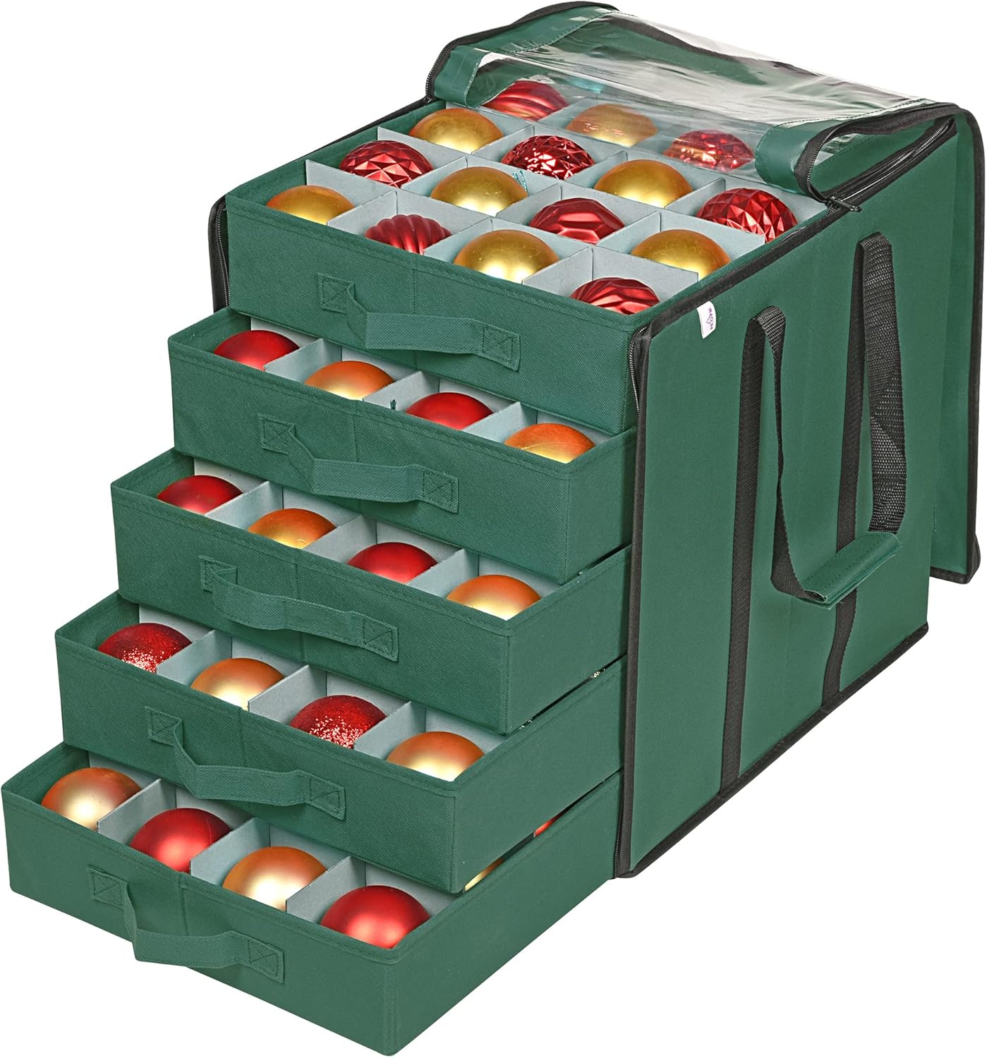 Holiday Décor Storage - ProPik Christmas Ornament Storage Boxes with Dividers - 5 Separate Trays - Ornament Holder - Keeps 100 Holiday Ornaments - Durable Carrying Bag Handles Organizer Storage Box (Green)