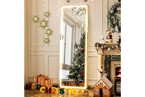GLSLAND LED Full Length Mirror 64" x 21" Floor with Stand Wall Mounted Hanging Full Body Mirror with Lights Free Standing for Bedroom Living Room Bathroom, White